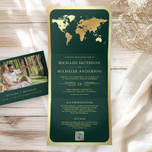 Emerald Green Gold World Map QR Code Photo Wedding Tri-Fold Invitation