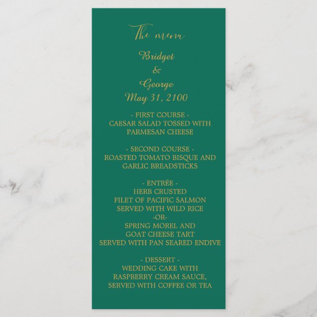 emerald green golden menu & program wedding card (Front)