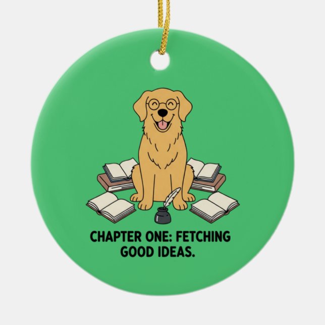 Emerald Green Golden Retriever Book Lover Writer's Ceramic Tree Decoration (Front)