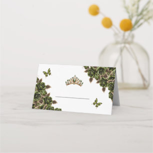 Emerald Green Golden Roses Butterfly Place Card