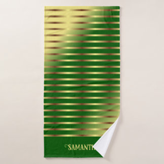 Emerald Green Golden Stripes Name Geometric Bath Towel Set