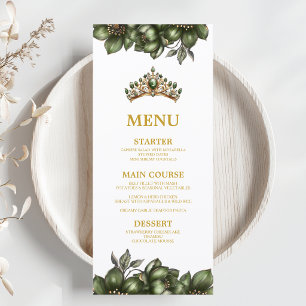 Emerald Green Golden Tiara Floral Quinceañera Menu