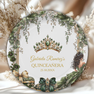 Emerald Green Golden Tiara Floral Quinceañera Paper Plate