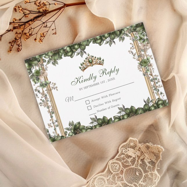 Emerald Green Golden Tiara Floral Quinceañera RSVP Card (Creator Uploaded)