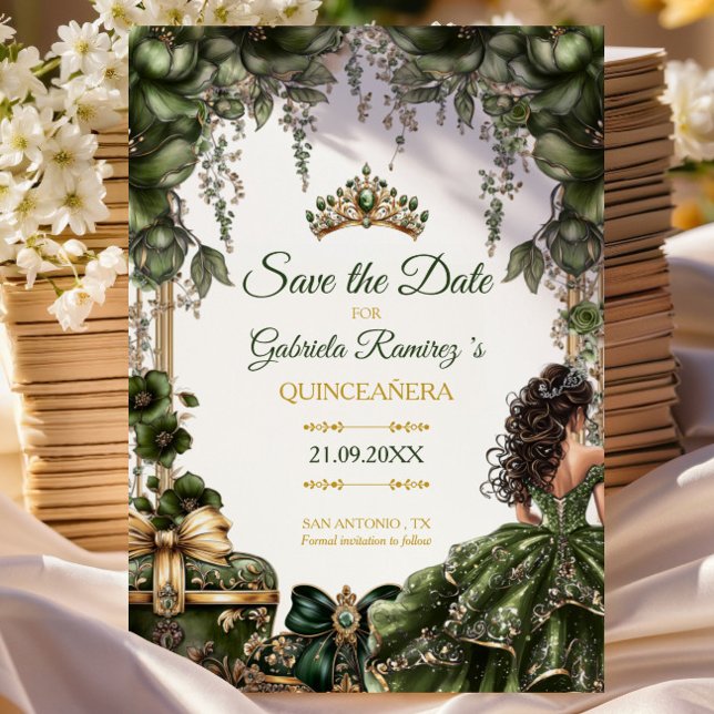 Emerald Green Golden Tiara Floral Quinceañera Save The Date (Creator Uploaded)