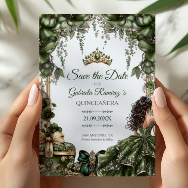 Emerald Green Golden Tiara Floral Quinceañera Save The Date (Creator Uploaded)