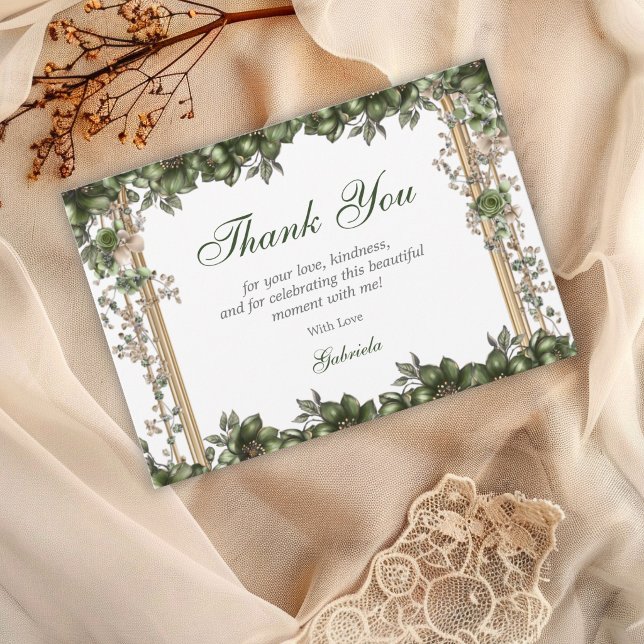 Emerald Green Golden Tiara Floral Quinceañera Thank You Card (Creator Uploaded)