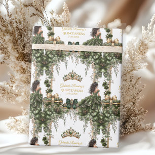 Emerald Green Golden Tiara Floral Quinceañera Wrapping Paper