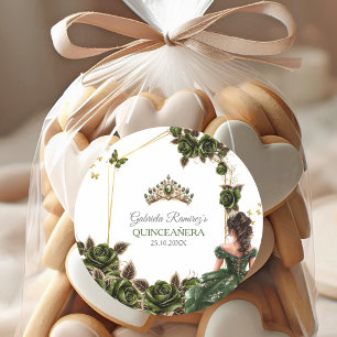 Emerald Green Golden Tiara Roses Quinceañera Classic Round Sticker