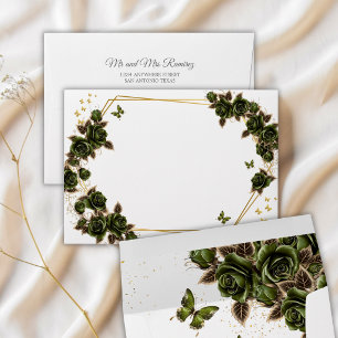 Emerald Green Golden Tiara Roses Quinceañera Envelope