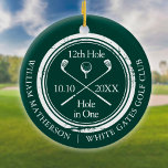 Emerald Green Golf Hole in One Retro Personalised Ceramic Tree Decoration<br><div class="desc">Featuring an aged stamp effect classic retro design. Personalise the name,  location hole number and date to create a great golf keepsake to celebrate that fantastic hole in one. Designed by Thisisnotme©</div>