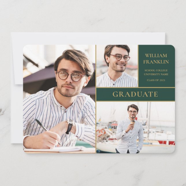 Emerald Green Graduate Gold 3 Photo Graduation Announcement (Front)