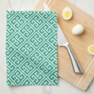 Emerald Green Greek Key Pattern Tea Towel