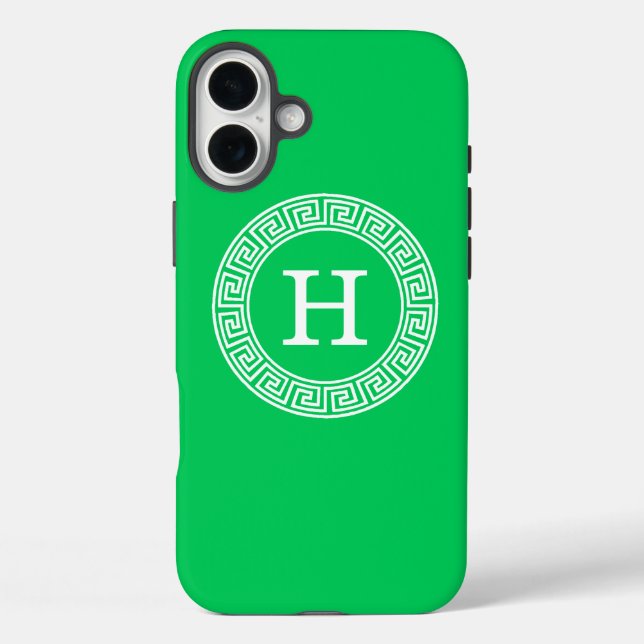 Emerald Green Greek Key Rnd Frame Initial Monogram Case-Mate iPhone Case (Back)