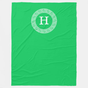 Emerald Green Greek Key Rnd Frame Initial Monogram Fleece Blanket