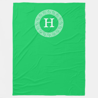 Emerald Green Greek Key Rnd Frame Initial Monogram Fleece Blanket