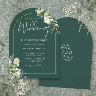 Emerald Green Greenery Gold Arch Monogram Wedding Invitation