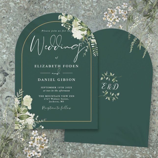 Emerald Green Greenery Gold Arch Monogram Wedding Invitation (Emerald Green Greenery Gold Arch Monogram Wedding Invitation)