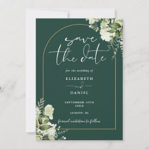 Emerald Green Greenery Gold Arch QR Code Wedding Save The Date