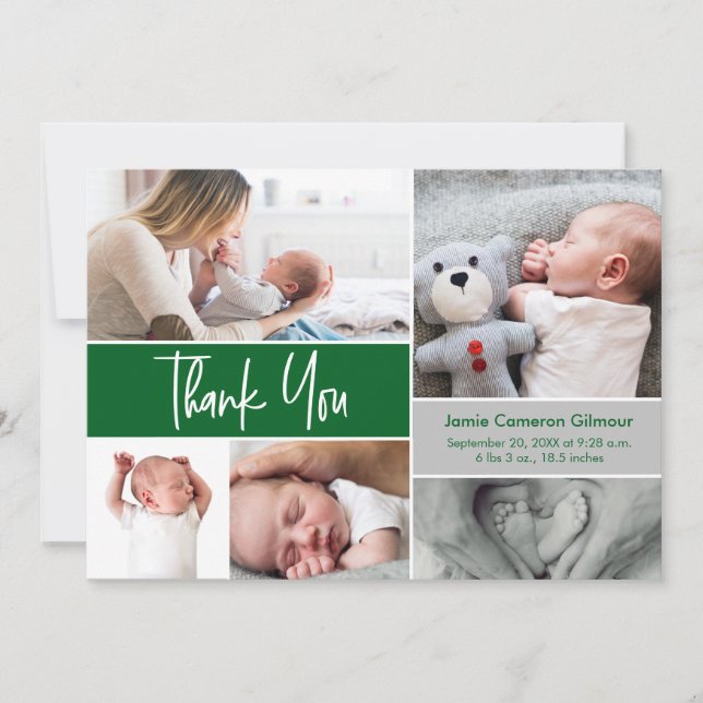 Emerald Green Grey Modern Photo Collage Birth  Thank You Card (Front)
