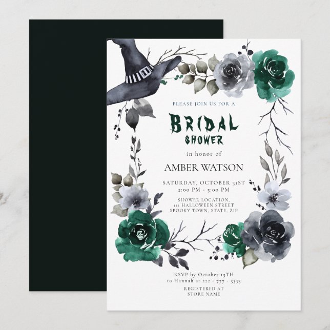Emerald Green Halloween Fall Floral Bridal Shower  Invitation (Front/Back)