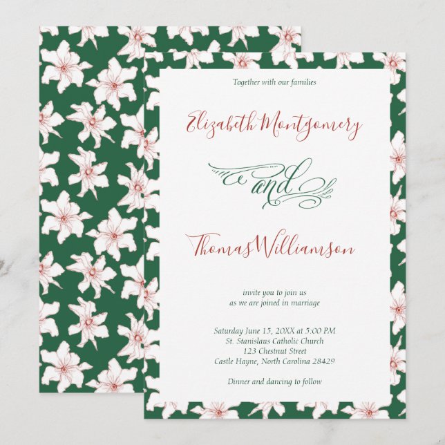 Emerald Green Hand Drawn Floral Wedding Invitation (Front/Back)
