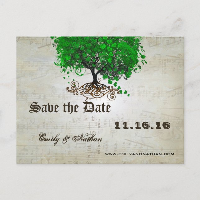 Emerald Green Heart Leaf Tree Save the Date Announcement Postcard (Front)