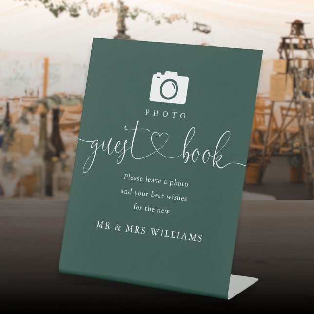 Emerald Green Heart Script Photo Guest Book Pedestal Sign (Emerald Green Heart Script Photo Guest Book Pedestal Sign)
