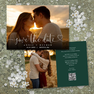 Emerald Green Heart Script Photo Wedding QR Code Save The Date