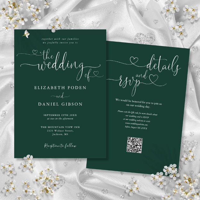 Emerald Green Heart Script QR Code Wedding Invitation (Emerald Green Heart Script QR Code Wedding Invitation)