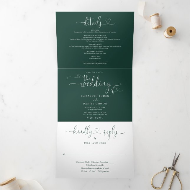 Emerald Green Heart Script Wedding Tri-Fold Invitation (Inside)