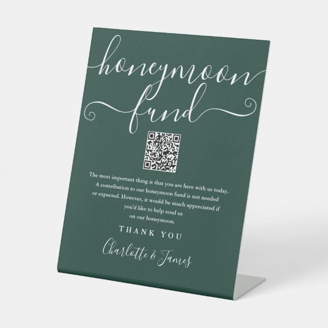 Emerald Green Honeymoon Fund QR Code Pedestal Sign (Front)