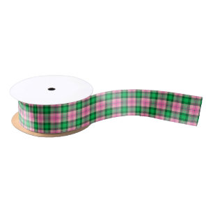 Emerald Green, Hot Pink Preppy Plaid Satin Ribbon