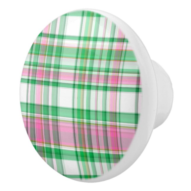 Emerald Green, Hot Pink, White Preppy Madras Plaid Ceramic Knob (Right)