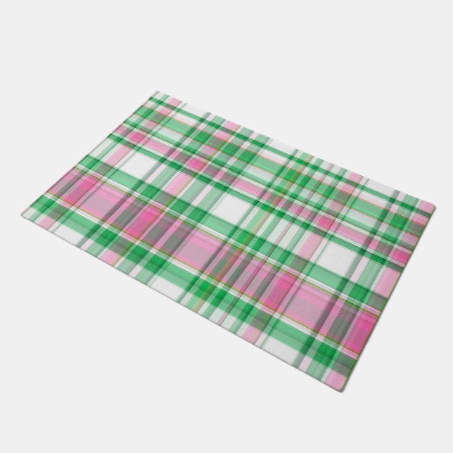 Emerald Green, Hot Pink, White Preppy Madras Plaid Doormat (Angled)