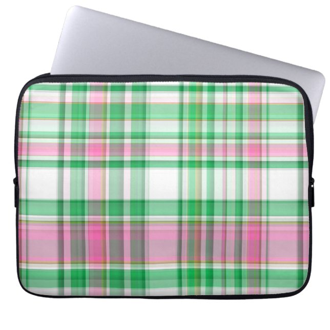 Emerald Green, Hot Pink, White Preppy Madras Plaid Laptop Sleeve (Front)