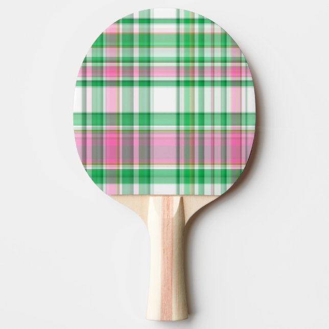 Emerald Green, Hot Pink, White Preppy Madras Plaid Ping Pong Paddle (Front)