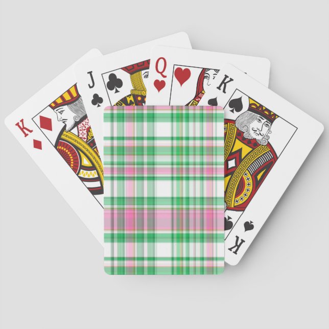 Emerald Green, Hot Pink, White Preppy Madras Plaid Playing Cards (Back)