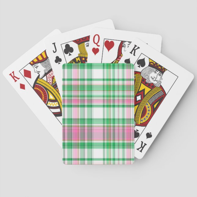 Emerald Green, Hot Pink, White Preppy Madras Plaid Playing Cards (Back)