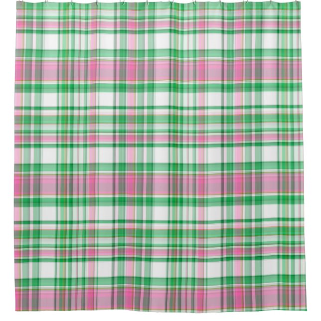 Emerald Green, Hot Pink, White Preppy Madras Plaid Shower Curtain (Front)