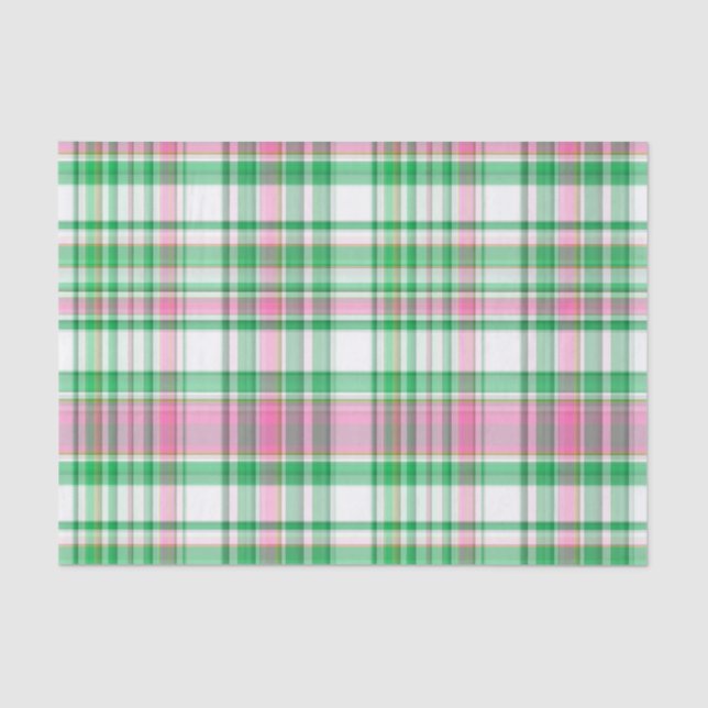Emerald Green, Hot Pink, White Preppy Madras Plaid Tissue Paper (Front)