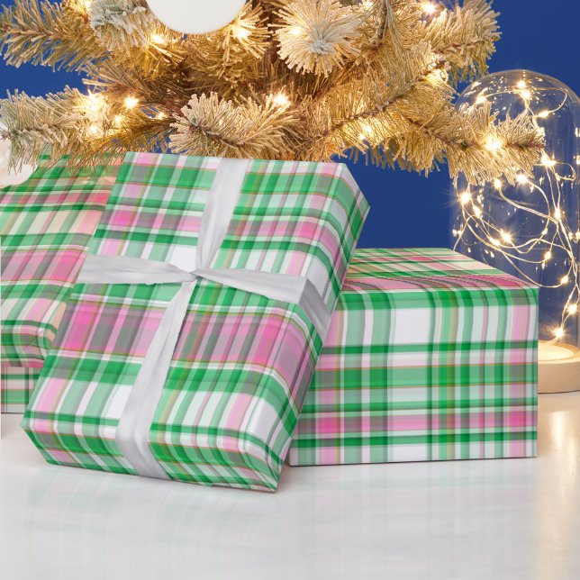 Emerald Green, Hot Pink, White Preppy Madras Plaid Wrapping Paper (Holidays)