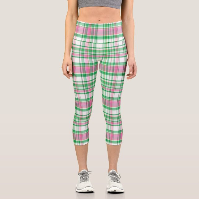 Emerald Green Hot Pink Wht Preppy Madras Capri Leggings (Front)