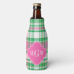 Emerald Green Hot Pink Wht Preppy Madras Monogram Bottle Cooler