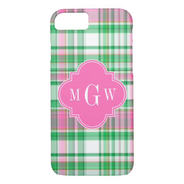 Emerald Green Hot Pink Wht Preppy Madras Monogram Case-Mate iPhone Case (Back)