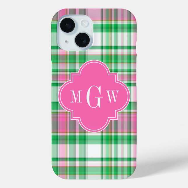 Emerald Green Hot Pink Wht Preppy Madras Monogram Case-Mate iPhone Case (Back)
