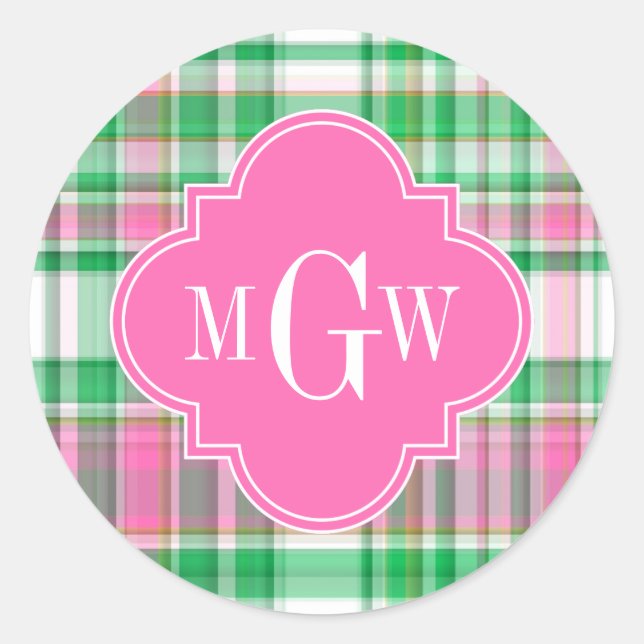 Emerald Green Hot Pink Wht Preppy Madras Monogram Classic Round Sticker (Front)