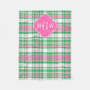Emerald Green Hot Pink Wht Preppy Madras Monogram Fleece Blanket