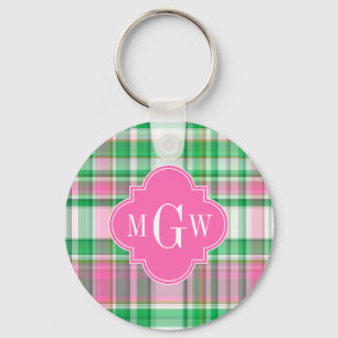 Emerald Green Hot Pink Wht Preppy Madras Monogram Key Ring