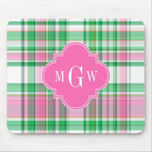 Emerald Green Hot Pink Wht Preppy Madras Monogram Mouse Mat